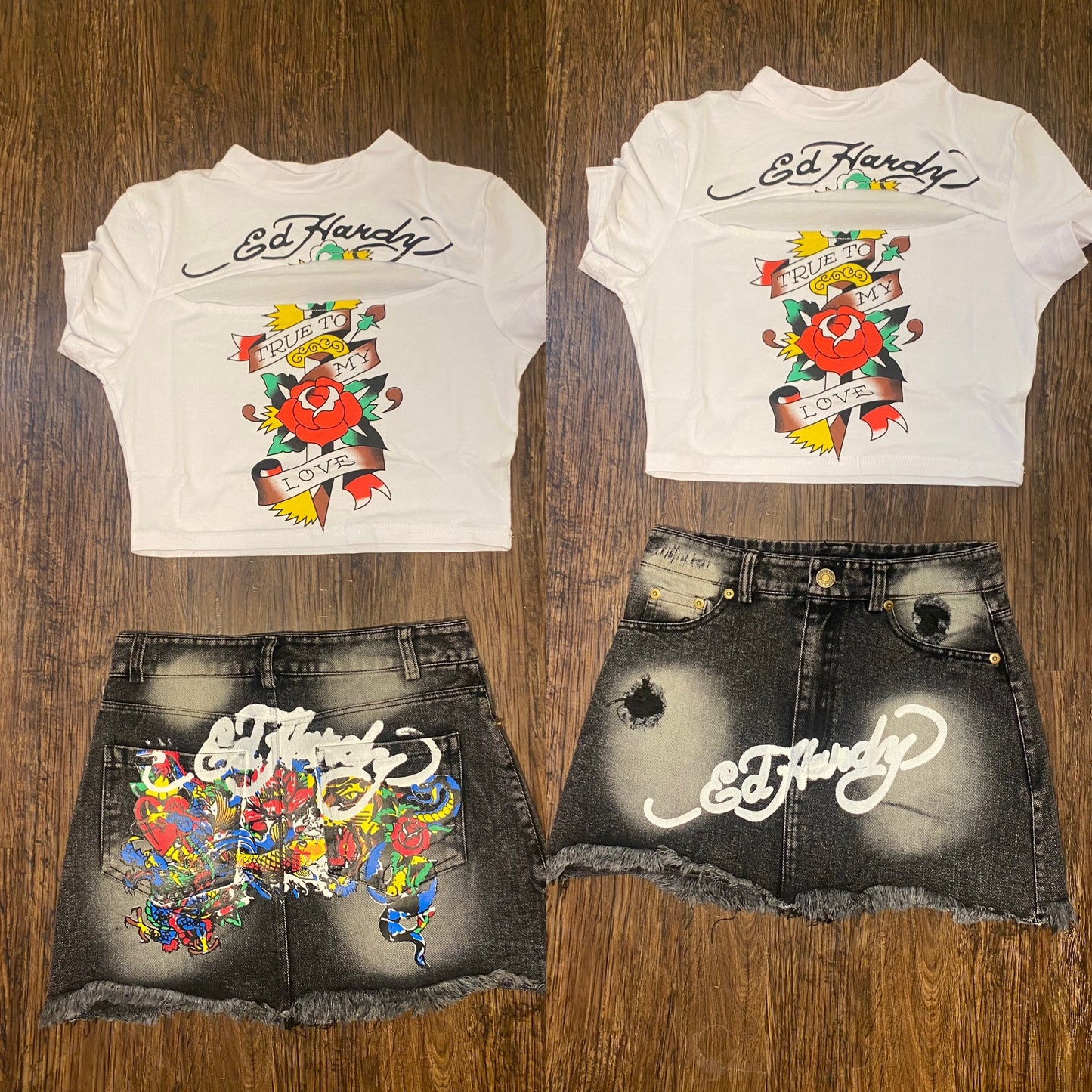 Ed Hardy Crop Tee Tatoo Denim Set